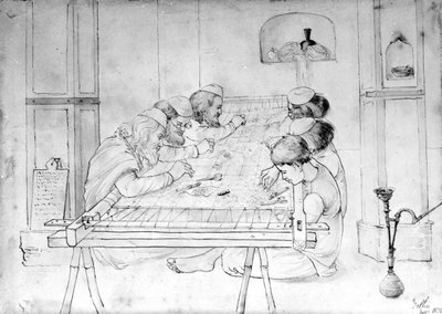Mannen werkend aan een borduurraam, 1870 door John Lockwood Kipling